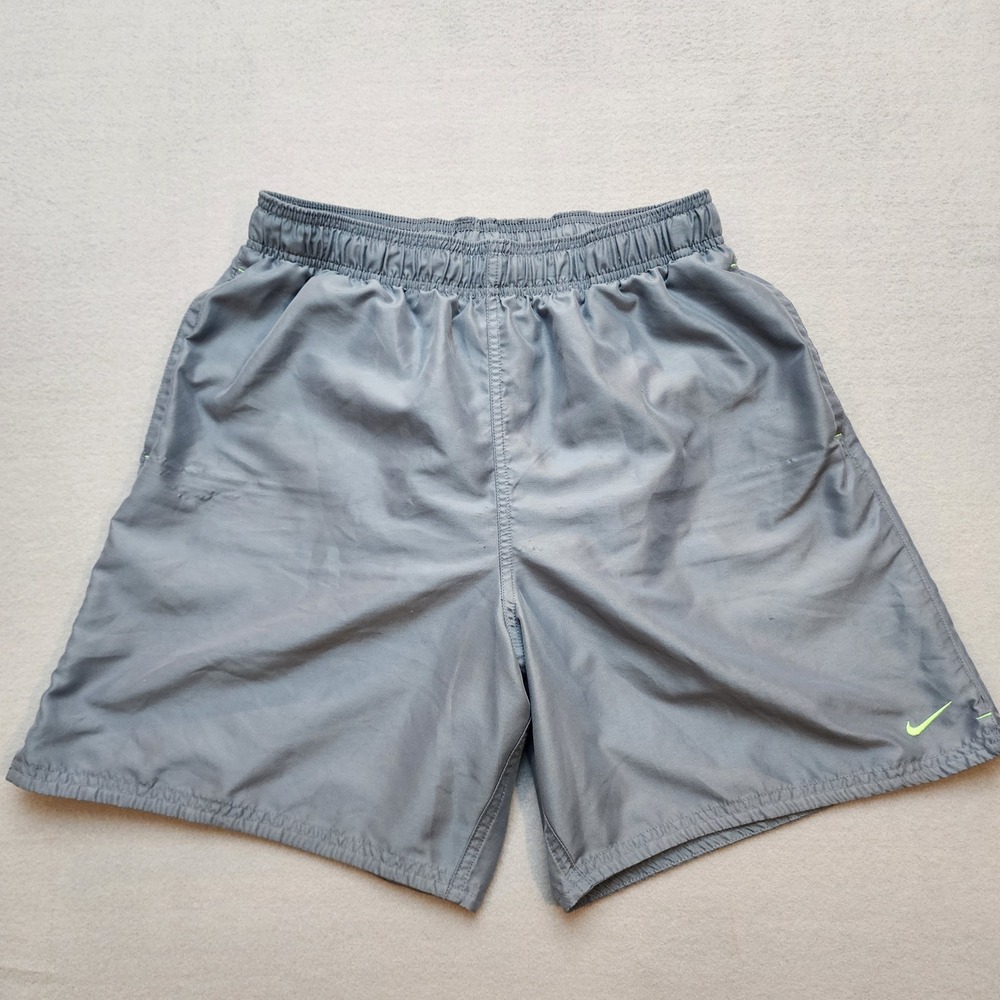 Nike Mens Gray Running Athletic Shorts Mesh Lined Neon Green Swoosh Size M